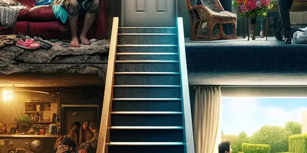 A split-level house showcasing the stark contrast between the impoverished Kim family and the affluent Park family.