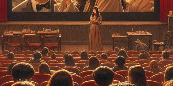 A cozy movie theater scene with couples enjoying a classic Korean film, embodying romance and nostalgia.