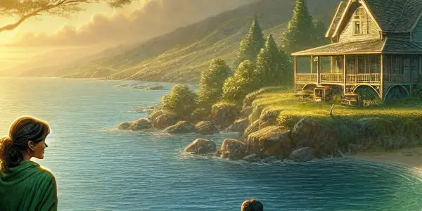 A family of four enjoys playful moments near a serene seaside cottage, hinting at hidden secrets and emotions.