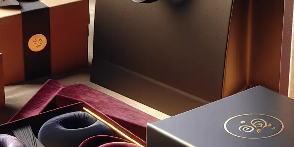 A luxurious display of elegant adult product packaging, featuring a velvet gift box, minimalist shipping bag, and eco-friendly boxes.