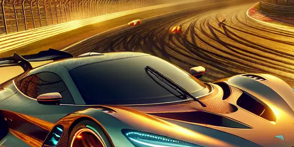 A sleek racing car drifts on a vibrant racetrack, surrounded by mountains and a cheering crowd at sunset.
