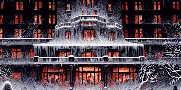 A haunting winter scene of the Overlook Hotel with Jack Torrance, ghostly figures, and swirling typewriter pages.