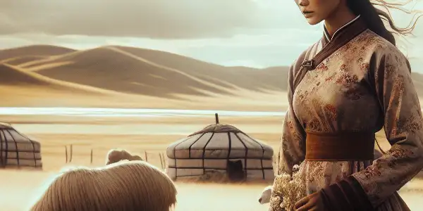 A young woman in 1970s rural attire stands on golden grasslands, embodying resilience amidst a stormy sky and nomadic yurts.