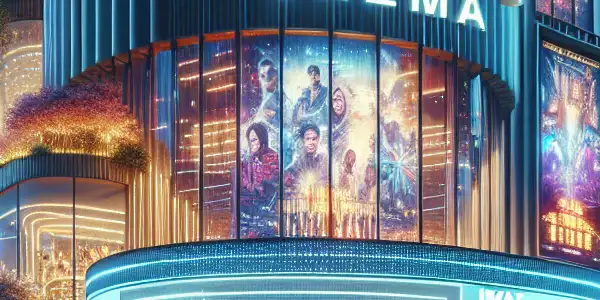 A modern cinema exterior bustling with diverse moviegoers eagerly awaiting the premiere of "The Wandering Earth 3."