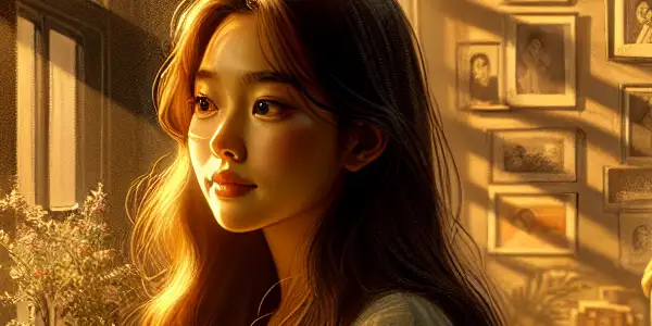 A young woman gazes thoughtfully out of a sunlit apartment, symbolizing hope and familial bonds with her cousin.