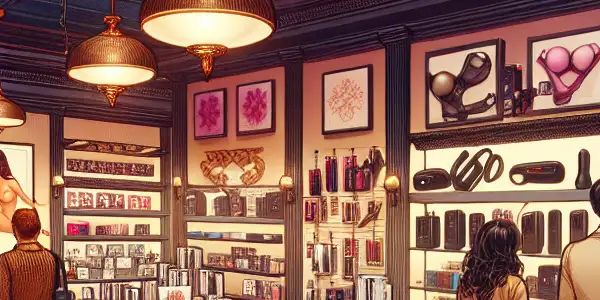 A cozy and inviting modern adult novelty store interior with elegant products and warm lighting.