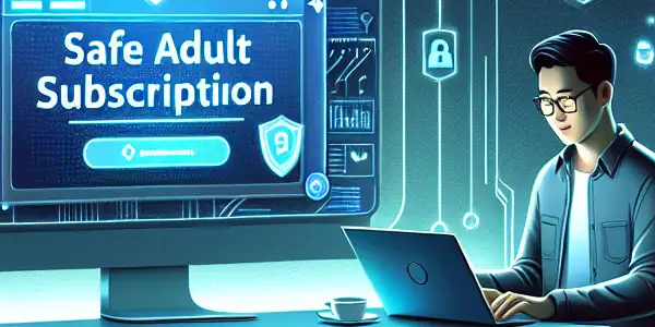 A secure digital workspace featuring a user-friendly subscription website, symbols of privacy, and a focused individual at a desk.