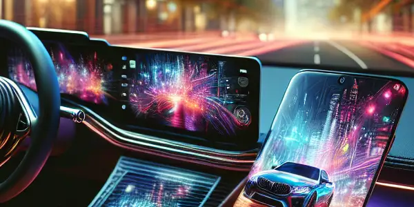 A modern car interior under neon lights, showcasing a smartphone displaying vibrant video content amidst an urban nightlife atmosphere.