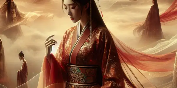 A dramatic movie poster featuring Yang Simin in traditional attire, surrounded by ethereal elements and a mystical landscape.