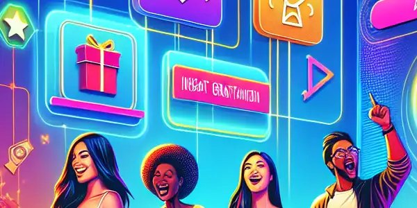 A vibrant digital scene depicting diverse adults engaging with an online entertainment platform featuring instant rewards and virtual tokens.