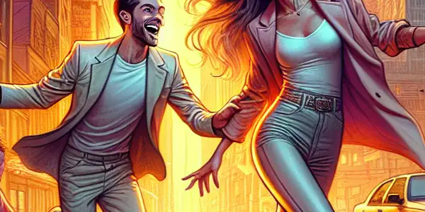 A joyful couple plays in a bustling city street at sunset, surrounded by vibrant urban life.