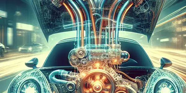 A sleek sports car with a transparent hood showcasing a glowing advanced engine, set against a vibrant city street at sunset.