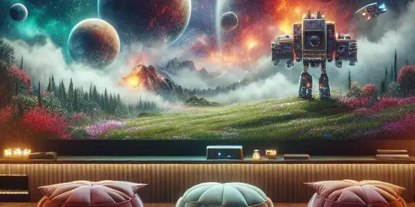 A cozy home theater with a large screen displaying a vibrant space scene, surrounded by DVDs and movie memorabilia.