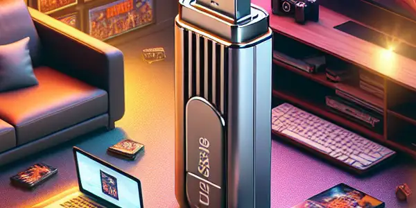 A modern USB drive surrounded by movie posters, with a cozy home entertainment setup featuring a flat-screen TV.