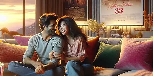 A cozy living room with a couple watching a romantic film, surrounded by warm lighting and nostalgic decor.