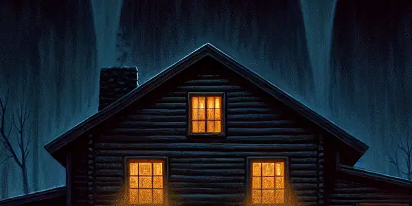 A fearful family huddles near a dimly lit cabin, surrounded by shadowy woods and mysterious, ominous figures.