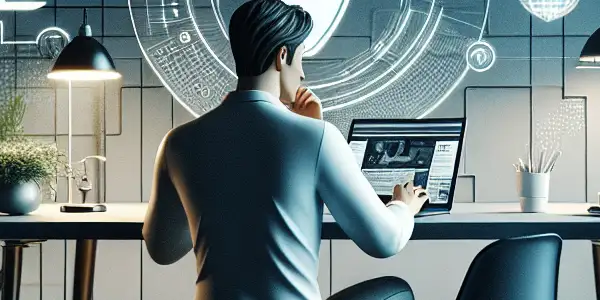 A modern workspace with a person using a laptop for safe adult content consumption, emphasizing privacy and responsibility.