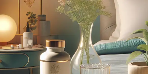 A serene bedroom scene featuring adult enhancement products, promoting wellness and self-care in a calming atmosphere.