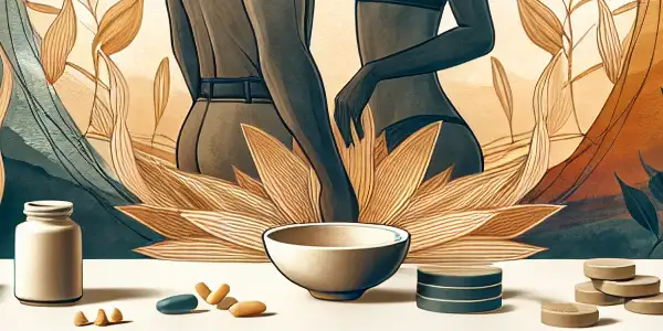 A serene table displays natural aphrodisiacs, with a doctor advising a couple on sexual health and safety.