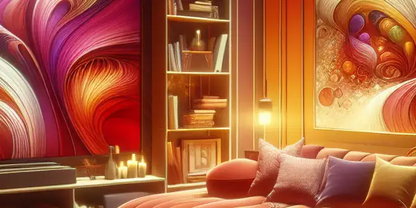 An intimate viewing room with a plush couch, ambient lighting, and abstract visuals suggesting sensuality and exploration.