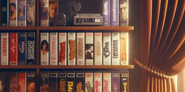 A nostalgic display of vintage adult film tapes on a wooden shelf in a dimly lit room.