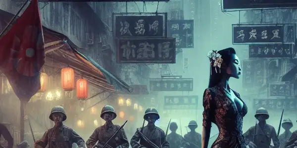 A dark, atmospheric street scene in WWII Hong Kong featuring a conflicted woman amid shadows of soldiers and remnants of war.