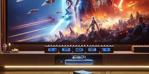 A cozy home theater with a large screen, plush seating, popcorn, and a warm ambiance for movie watching.