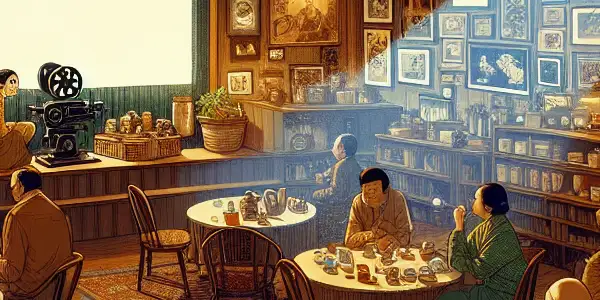 A cozy tea house blending traditional tea culture with classic cinema, featuring diverse patrons and a film screening.