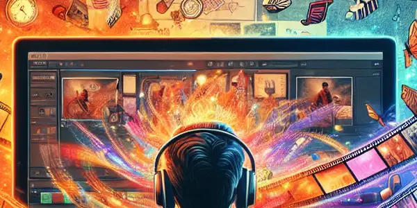 A vibrant creative workspace showcasing a focused video editor surrounded by film reels, screens, and iconic movie elements.