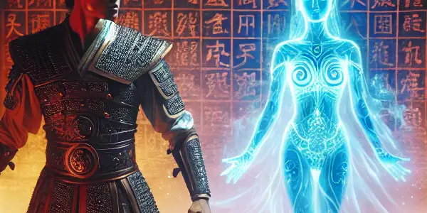 Jackie Chan as Jack stands heroically before a mystical tomb, with a ghostly Princess Yushu appearing in the background.