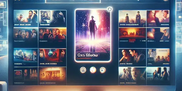 A modern online movie streaming platform featuring diverse genre thumbnails, a highlighted popular movie, and a cozy viewing setup.