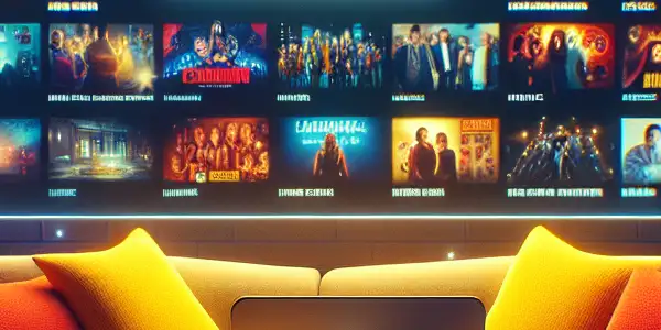 A cozy home setup featuring a movie streaming website on a large screen, popcorn, and a laptop.