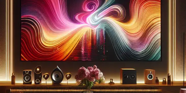 A stylish living room with a large screen, elegant furniture, and ambient lighting, suggesting adult film themes.