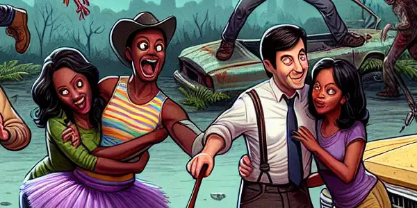 A quirky group of friends battles cartoonish zombies in a vibrant, post-apocalyptic urban landscape.