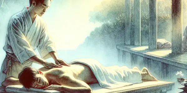 A tranquil Japanese onsen scene with a massage therapist, lush greenery, and cherry blossoms creating a serene atmosphere.