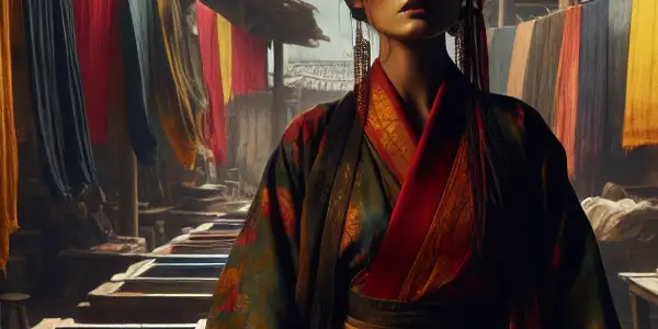 A determined woman in a vibrant traditional dress stands in a colorful dye workshop, symbolizing resilience against societal oppression.