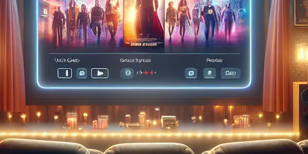 A cozy home theater with a large screen, plush seating, popcorn, and symbols of online safety.