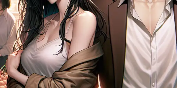 A tense, intimate moment between a married woman and a man in a bustling supermarket, symbolizing forbidden romance.