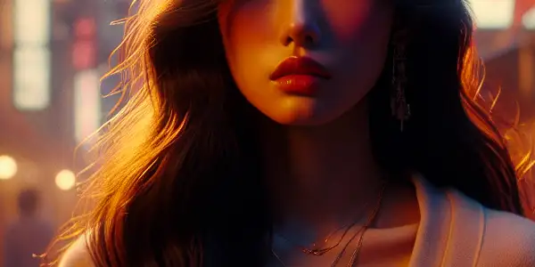 A young woman in stylish clothing captures a moment of desire in a softly lit urban setting at dusk.