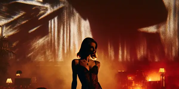 A mysterious character in a dimly lit room, evoking suspense and sensuality with an abstract erotic scene behind them.