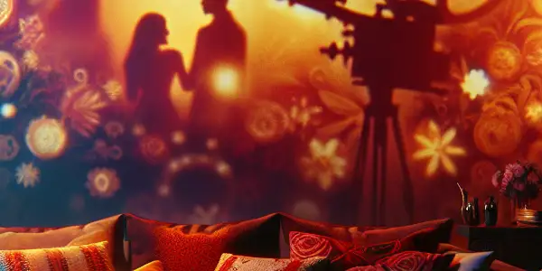 Cozy movie-watching scene with a plush couch, popcorn, drinks, and a vintage projector casting vibrant visuals.