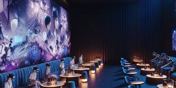 A futuristic entertainment lounge featuring interactive VR stations, stylish seating, and diverse cultural elements in a moody atmosphere.