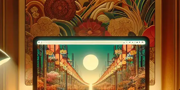 A cozy, dimly lit room featuring a modern desk with an open laptop and colorful adult-themed bookmarks.