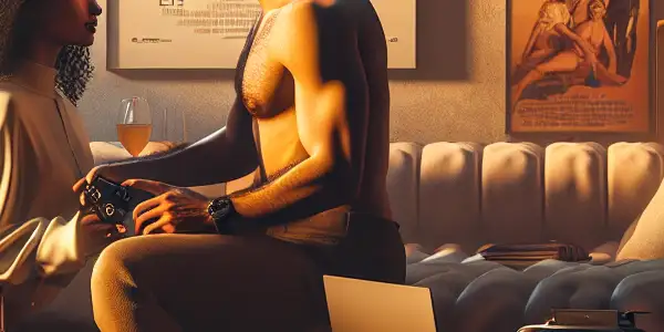 A cozy room with a couple playfully interacting, surrounded by multimedia devices and diverse erotic art.