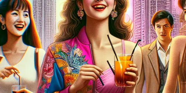 A vibrant 1980s Hong Kong film scene featuring a young actress, neon signs, and elements of romance and nostalgia.