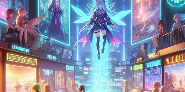 A futuristic game environment with neon lights, holographic screens, and characters engaged in interactive fantasy scenarios.