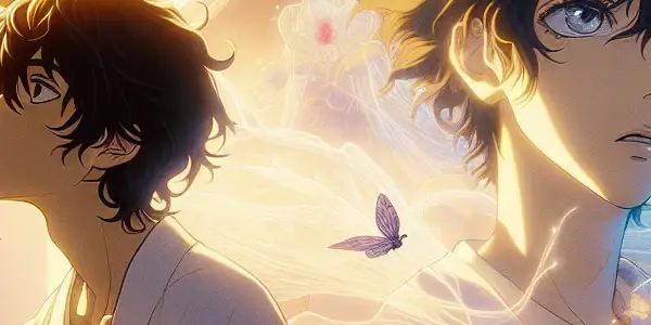 A vibrant, surreal paradise with two young characters experiencing a moment of forbidden romance amidst lush greenery and glowing lights.