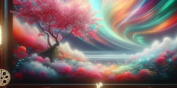 An intimate vintage cinema with a colorful screen, plush seating, and cherry blossoms, evoking desire and nostalgia.