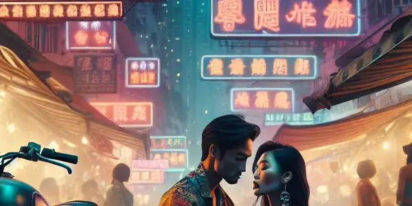 A couple shares an intimate moment on a bustling Hong Kong street, surrounded by neon lights and travel souvenirs.