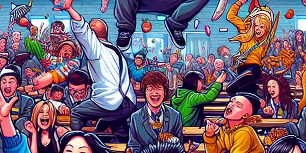 A chaotic high school scene with diverse teens laughing, messy food fights, and humorous antics.